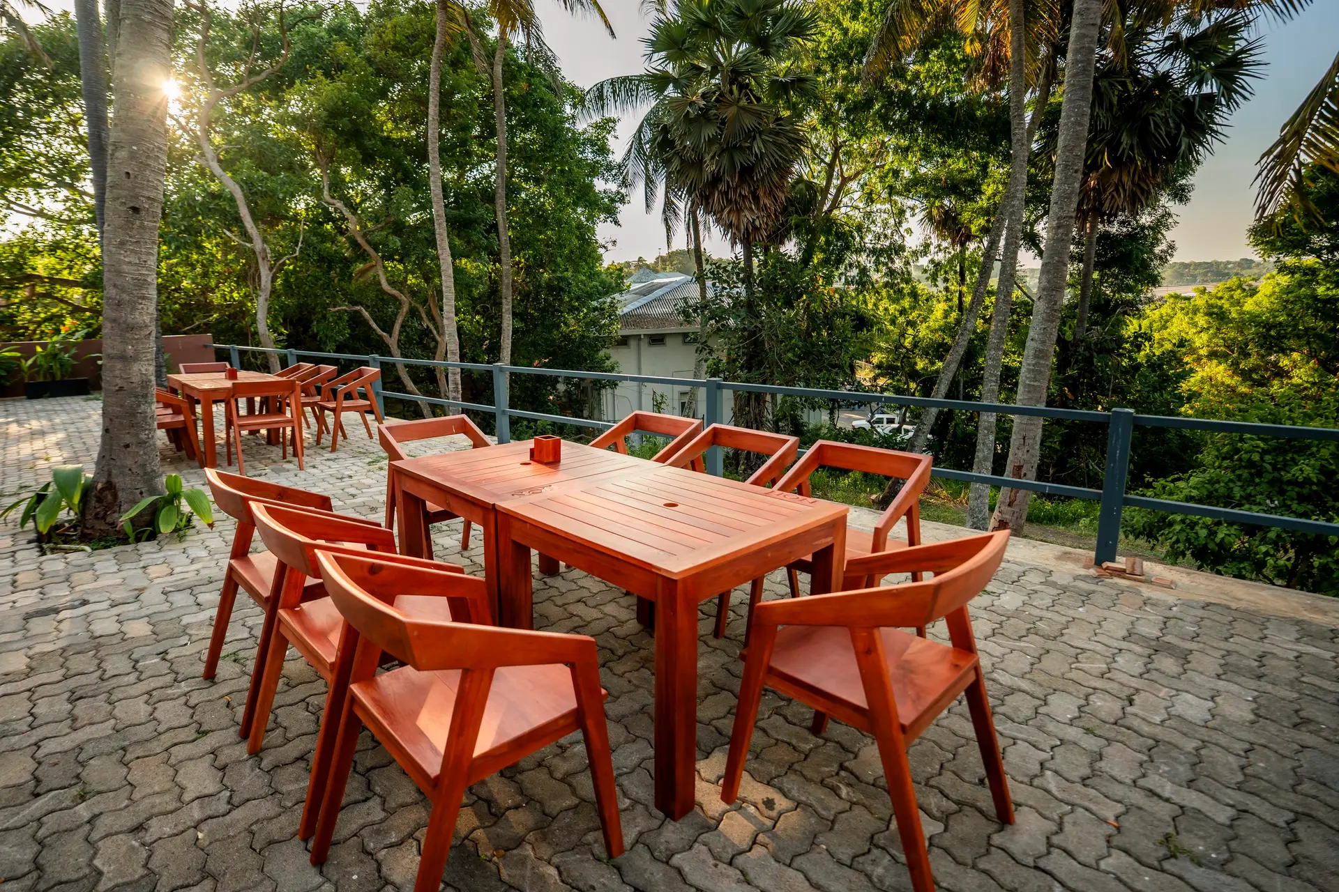 A terrace table in the late afternoon sun